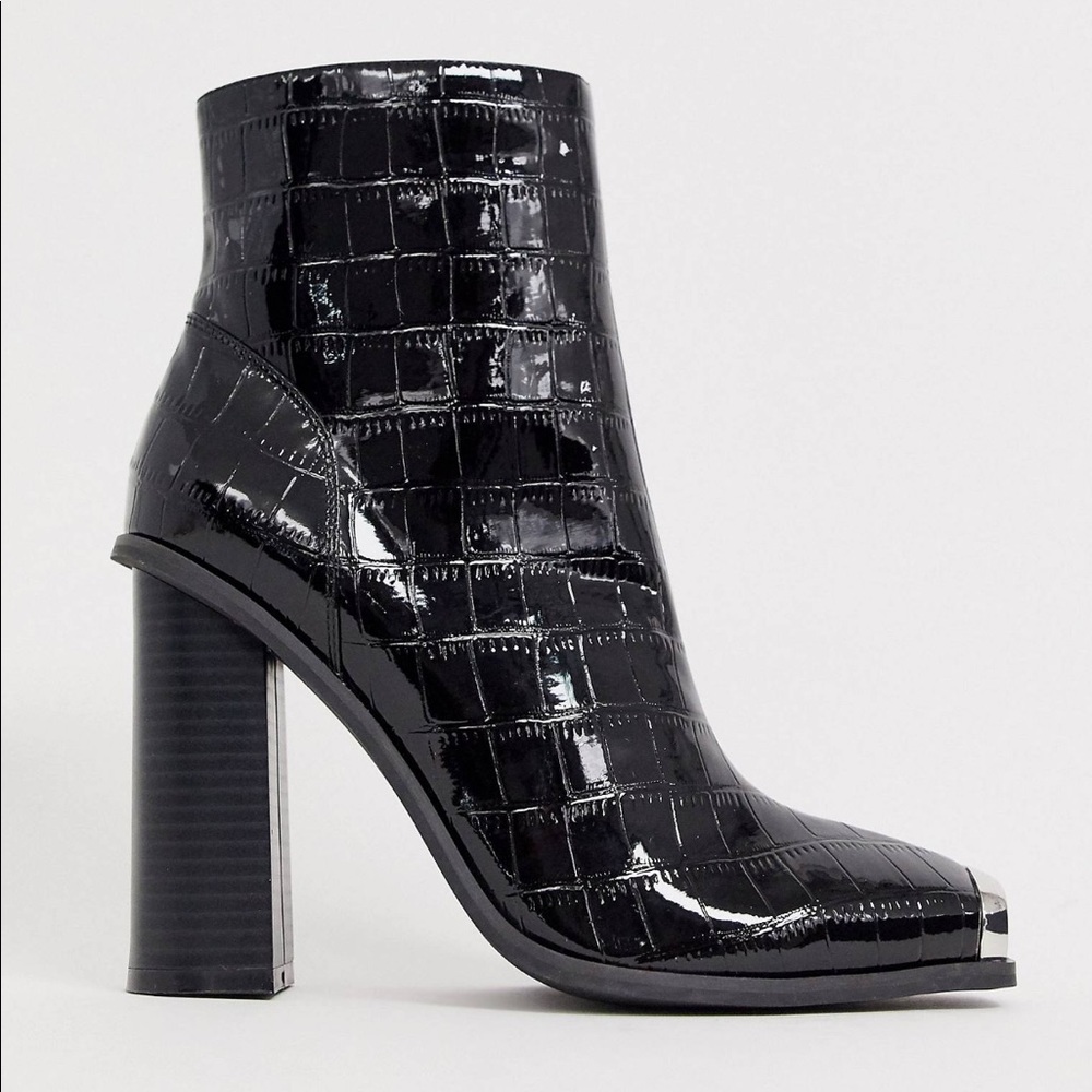 Public Desire - black croc square toe cap heeled boots
